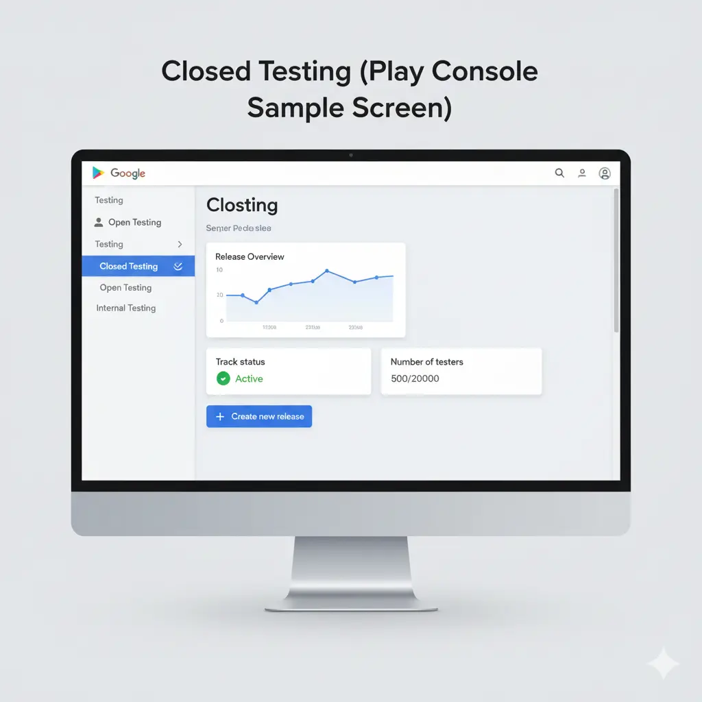 Screenshot of Closed Testing Google Play setup page showing internal test track and testers list.