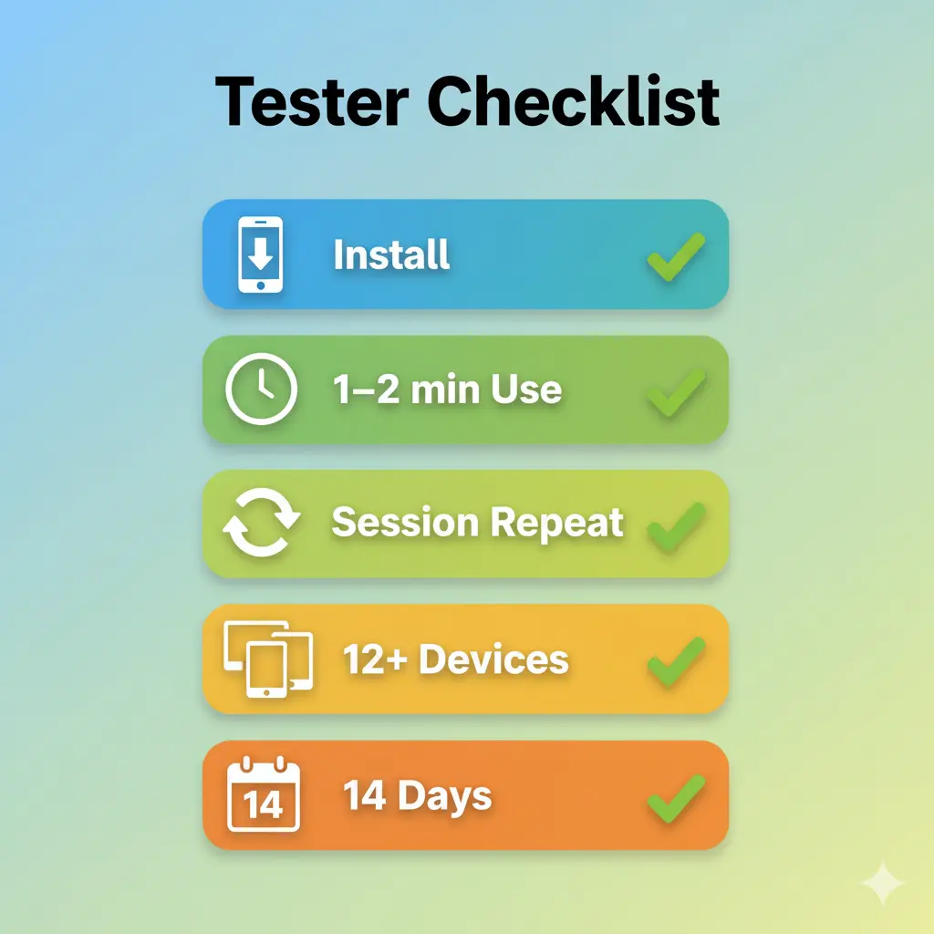 Tester checklist infographic showing install, app usage, session repetition, and 14-day validation requirements.