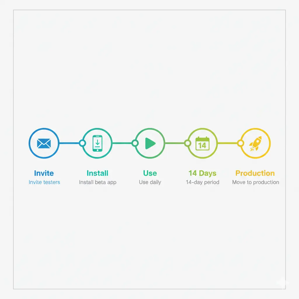 Google Play closed testing process timeline infographic showing invite, install, usage, and production steps.